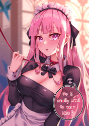 Rule 34 | 1girl, absurdres, alternate costume, apron, bow, bowtie, breasts, cleavage, cleavage cutout, clothing cutout, collar, english text, enmaided, highres, hololive, hololive english, large breasts, leash, long hair, maid, maid apron, maid headdress, mori calliope, pink eyes, pink hair, virtual youtuber, yumesphere