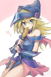 Rule 34 | 1girl, absurdres, aqua eyes, bare shoulders, blonde hair, blue hat, blush stickers, breasts, closed mouth, dark magician girl, double-parted bangs, duel monster, eyes visible through hair, hair between eyes, hat, heart, hexagram, highres, holding, holding scepter, long hair, medium breasts, nataro 1116, scepter, smile, solo, wizard hat, yu-gi-oh!