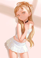 Rule 34 | 1girl, bare shoulders, black choker, blonde hair, choker, closed mouth, contrapposto, cowboy shot, fkey, grey eyes, highres, leaning forward, looking at viewer, miniskirt, original, pleated skirt, ponytail, shirt, skirt, solo, strapless, tube top, white shirt, white skirt
