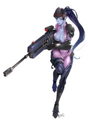 Rule 34 | 1girl, artist name, bodysuit, breasts squeezed together, breasts, center opening, colored skin, ffc, full body, gloves, gun, head-mounted display, highres, large breasts, lips, long hair, looking at viewer, overwatch, overwatch 1, ponytail, purple hair, purple skin, rifle, running, signature, simple background, sniper rifle, solo, very long hair, visor, weapon, white background, widowmaker (overwatch), yellow eyes