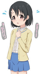 Rule 34 | 1girl, black hair, blue skirt, blush, brown eyes, cardigan, collared shirt, commentary, dot nose, feet out of frame, flower hair ornament, flying sweatdrops, hair ornament, hairclip, highres, idolmaster, idolmaster cinderella girls, long sleeves, looking at viewer, making-of available, miniskirt, open mouth, parted lips, rabbit hair ornament, sasaki chie, shirt, short hair, simple background, skirt, solo, standing, sweatdrop, takasuma hiro, text focus, translated, white background, white shirt, yellow cardigan