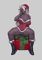 Rule 34 | 1girl, absurdres, artist name, black footwear, blanclauz, boots, bottomless, breasts, christmas, dark-skinned female, dark elf, dark skin, elf, fur-trimmed footwear, fur-trimmed headwear, fur-trimmed shirt, fur trim, gift, glasses, grey background, hat, high heel boots, high heels, highres, large breasts, lieren venren (shieghguy), long hair, looking at viewer, navel, nipples, original, pointy ears, purple eyes, red hat, red shirt, round eyewear, santa hat, see-through clothes, see-through shirt, shirt, simple background, sitting, sleeveless, sleeveless shirt, solo, spread legs, white hair