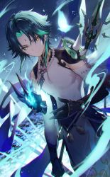 Rule 34 | 1boy, arm tattoo, bead necklace, beads, black hair, closed mouth, facial mark, forehead mark, genshin impact, gloves, green hair, highres, holding, holding polearm, holding weapon, jewelry, looking at viewer, male focus, mask, multicolored hair, necklace, necomi, polearm, solo, tattoo, weapon, xiao (genshin impact), yellow eyes