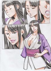 Rule 34 | 1girl, absurdres, ace attorney, aya yanagisawa, black eyes, black hair, breasts, cleavage, closed eyes, coat, collaboration, collarbone, colored pencil (medium), commentary, commission, english commentary, eyeshadow, floating hair, hair behind ear, half updo, highres, japanese clothes, kimono, large breasts, long hair, looking at viewer, low-tied long hair, makeup, maya fey, mia fey, mixed media, mole, mole under mouth, obi, parted lips, pink lips, purple coat, purple eyeshadow, sash, second-party source, sidelocks, smile, traditional media, transformation, very long hair, white kimono, yukiko-sakurey