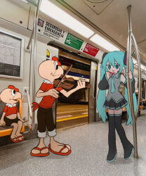 Rule 34 | 1girl, 2boys, black footwear, black skirt, blue eyes, blue hair, blue necktie, boots, bow (music), condorito, condorito (character), detached sleeves, flip-flops, hatsune miku, holding, holding bow (music), instrument, long hair, multiple boys, necktie, pleated skirt, red footwear, ri (qrcode), sandals, skirt, thigh boots, twintails, violin, vocaloid