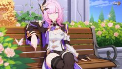 Rule 34 | 1girl, bench, black footwear, black gloves, black jacket, blue eyes, boots, bug, butterfly, closed mouth, elf, elysia (honkai impact), elysia (miss pink elf) (honkai impact), flower, gloves, hair ornament, highres, honkai (series), honkai impact 3rd, insect, jacket, long hair, long sleeves, looking at viewer, official art, outdoors, pink butterfly, pink flower, pink hair, pink rose, pointy ears, rose, shirt, single glove, sitting, smile, thigh boots, thighhighs, white shirt