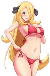 Rule 34 | 1girl, absurdres, bikini, blonde hair, commentary request, creatures (company), cynthia (pokemon), game freak, grey eyes, hair ornament, hair over one eye, highres, long hair, looking at viewer, maho (corotonton5150), nintendo, partial commentary, pokemon, pokemon dppt, red bikini, side-tie bikini bottom, simple background, solo, standing, swimsuit, white background