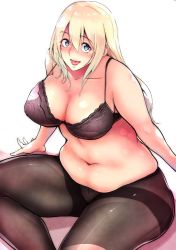 Rule 34 | 10s, 1girl, atago (kancolle), bifidus, black bra, blonde hair, blue eyes, blush, bra, braid, breasts, cleavage, commentary request, crotch seam, hair between eyes, kantai collection, large breasts, long hair, looking at viewer, navel, open mouth, pantyhose, plump, shadow, shiny skin, sitting, smile, solo, thighband pantyhose, underwear, white background