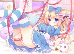 Rule 34 | 1girl, animal ears, bed, blonde hair, blue bow, blue eyes, blue ribbon, blue shirt, blue skirt, blush, bow, breasts, brown ribbon, cat ears, closed mouth, crescent, frilled pillow, frilled skirt, frills, hair between eyes, hair bow, hair ornament, hair ribbon, heart, heart-shaped pillow, heart hair ornament, holding, holding key, indoors, key, large breasts, legs up, long hair, looking at viewer, lying, maebari, on back, on bed, original, panties, panty lift, pillow, purinpurin, red ribbon, ribbon, shirt, skirt, solo, star (symbol), striped clothes, striped thighhighs, stuffed animal, stuffed rabbit, stuffed toy, tears, thighhighs, underwear, very long hair, white panties