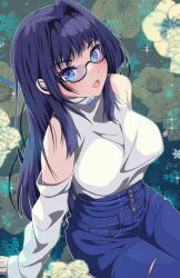 Rule 34 | 1girl, black hair, blue eyes, blue hair, blue pants, blunt bangs, blush, breasts, colored inner hair, danball shiro, denim, detached sleeves, glasses, hair intakes, high-waist pants, highres, hololive, hololive english, jeans, large breasts, long hair, long sleeves, multicolored hair, official alternate costume, official alternate hair length, official alternate hairstyle, ouro kronii, ouro kronii (casual), pants, semi-rimless eyewear, solo, sweater, sweater tucked in, turtleneck, virtual youtuber, white sweater