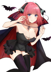 Rule 34 | 1girl, absurdres, bare shoulders, bat (animal), black dress, black skirt, black thighhighs, blue eyes, blunt bangs, blush, breasts, butterfly hair ornament, cleavage, cloak, collarbone, cross, cross-laced clothes, dress, eyes visible through hair, fang, fingernails, go-toubun no hanayome, hair between eyes, hair ornament, hair ribbon, halloween, halloween costume, hands up, highres, huge filesize, large breasts, looking at viewer, medium hair, nail polish, nakano nino, red nails, ribbon, simple background, skindentation, skirt, sleeveless, sleeveless dress, smile, solo, strapless, strapless dress, thighhighs, two side up, uiri-na, vampire costume, white background, zettai ryouiki