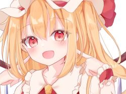 Rule 34 | 1girl, :d, blonde hair, blush, bow, collarbone, commentary request, crystal, fingers to cheeks, flandre scarlet, frilled shirt collar, frills, hair between eyes, hat, hat bow, korira, looking at viewer, medium hair, mob cap, one side up, open mouth, portrait, red bow, simple background, smile, solo, touhou, white background, white hat, wings, wrist cuffs, yellow neckwear