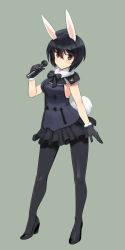 Rule 34 | 1girl, 502nd joint fighter wing (emblem), animal ears, black footwear, black gloves, black hair, black pantyhose, brave witches, closed mouth, dress, garrison cap, gloves, hat, idol, mary janes, microphone, pantyhose, rabbit ears, rabbit girl, rabbit tail, red eyes, shimada fumikane, shimohara sadako, shoes, simple background, sleeveless, sleeveless dress, solo, tail, world witches series