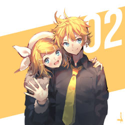 Rule 34 | 1boy, 1girl, aqua eyes, black shirt, blonde hair, bow, coat, commentary, fur-trimmed coat, fur trim, hair bow, hair ornament, hairclip, hand on another&#039;s shoulder, highres, kagamine len, kagamine rin, looking at viewer, making-of available, nail polish, necktie, open hand, open mouth, shijohane, shirt, short hair, sideways glance, smile, swept bangs, upper body, vocaloid, waving, white bow, white headwear, yellow nails, yellow neckwear