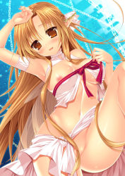 Rule 34 | 10s, 1girl, :d, arm up, armpits, asuna (sao), asuna (sao-alo), bare shoulders, blush, breasts, brown eyes, brown hair, chain, ear covers, elf, female focus, large breasts, leg up, long hair, looking at viewer, looking back, minatsuki alumi, nipples, no panties, open mouth, parted lips, pointy ears, ribbon, shiny skin, smile, solo, sword art online, titania (sao)