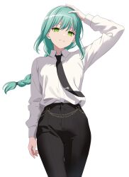 Rule 34 | 1girl, absurdres, aqua hair, bang dream!, black necktie, black pants, braid, braided ponytail, chain, chainsaw man, commentary, cosplay, dress shirt, english commentary, evil grin, evil smile, fries vanquisher, green eyes, grin, hand on own head, highres, hikawa sayo, long hair, long sleeves, looking at viewer, makima (chainsaw man), makima (chainsaw man) (cosplay), necktie, pants, ringed eyes, shirt, simple background, single braid, smile, solo, white background, white shirt
