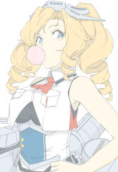 Rule 34 | 1girl, ascot, blonde hair, blue eyes, breast pocket, breasts, blowing bubbles, chewing gum, dress, drill hair, headgear, honolulu (kancolle), kantai collection, large breasts, long hair, ninimo nimo, pocket, red ascot, rigging, sidelocks, simple background, sleeveless, sleeveless dress, solo, star (symbol), twin drills, twintails, upper body, white background
