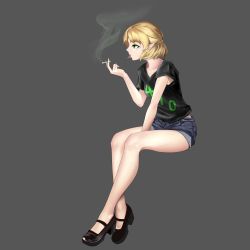 Rule 34 | 1girl, absurdres, alternate costume, black footwear, black shirt, blonde hair, cigarette, closed mouth, clothes writing, contemporary, denim, denim shorts, full body, green eyes, green nails, grey background, highres, holding, holding cigarette, inoshin (inixia1748), invisible chair, mary janes, mizuhashi parsee, nail polish, pointy ears, profile, shirt, shoes, short hair, short shorts, shorts, simple background, sitting, smoke, smoking, solo, t-shirt, touhou, unzipped