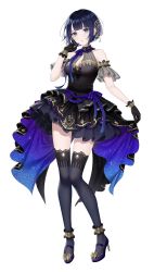 Rule 34 | 1girl, :o, ankle garter, arm at side, black gloves, blue eyes, blue hair, breasts, character request, dark blue hair, dress, female focus, frilled dress, frills, full body, gloves, hair ornament, halter dress, halterneck, hand up, highres, indie virtual youtuber, looking at viewer, mairo, mary janes, medium breasts, open mouth, see-through, shoes, short hair, simple background, solo, standing, thighhighs, virtual youtuber, white background