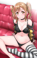 Rule 34 | 1girl, alternate hairstyle, arm support, bikini, black bikini, black choker, blush, breasts, brown hair, choker, cleavage, collarbone, couch, earrings, hair ornament, hairclip, highres, jacket, jewelry, kunikida hanamaru, large breasts, looking at viewer, love live!, love live! sunshine!!, multicolored clothes, multicolored hair, multicolored jacket, nail polish, navel, open clothes, open jacket, sidelocks, single thighhigh, sitting, solo, spread legs, streaked hair, striped clothes, striped thighhighs, swimsuit, thick eyebrows, thighhighs, toenail polish, toenails, twintails, x hair ornament, yellow eyes, yopparai oni