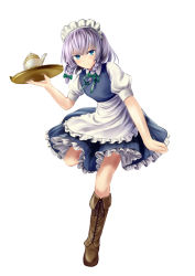 Rule 34 | 1girl, apron, bad id, bad pixiv id, blue dress, blush, boots, bow, braid, brown footwear, cross-laced footwear, dress, frilled apron, frilled dress, frills, full body, hair bow, izayoi sakuya, knee boots, lace-up boots, leg up, looking at viewer, maid, maid apron, maid headdress, ookashippo, puffy short sleeves, puffy sleeves, ribbon, shirt, short dress, short sleeves, silver hair, simple background, sleeveless, sleeveless dress, smile, solo, teapot, thighs, touhou, tray, twin braids, white background, white shirt