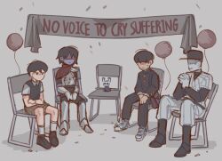 Rule 34 | 1other, 3boys, armor, balloon, banner, baseball uniform, black hair, chair, closed mouth, commentary, crossover, deltarune, english commentary, english text, gakuran, grey background, hat, hollow knight, kageyama shigeo, knight (hollow knight), kris (deltarune), long sleeves, male focus, mob psycho 100, mp100days, multiple boys, multiple crossover, off (game), omori, own hands together, pants, school uniform, shirt, shoes, short hair, shorts, simple background, sitting, sportswear, sunny (omori), the batter (off)