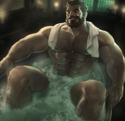 Rule 34 | 1boy, abs, arm hair, bara, beard, chest hair, cigar, completely nude, dopey (dopq), facial hair, graves (league of legends), hairy, highres, large pectorals, league of legends, leg hair, looking at viewer, male focus, mature male, muscular, muscular male, naked towel, navel, navel hair, nipples, nude, onsen, paid reward available, partially submerged, pectorals, raised eyebrow, short hair, smoking, smug, solo, spread legs, steam, stomach, thighs, towel, towel around neck, wet