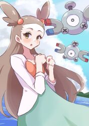 Rule 34 | :o, absurdres, bow, brown eyes, brown hair, cloud, cloudy sky, collarbone, creatures (company), dress, eyelashes, game freak, gen 1 pokemon, green dress, highres, jasmine (pokemon), long hair, looking at viewer, magnemite, nintendo, open mouth, piyo to game, pokemon, pokemon (creature), pokemon hgss, sky, sleeves past elbows, very long hair, water