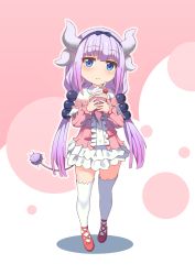 Rule 34 | 10s, 1girl, beads, black bow, black hairband, blouse, blue eyes, blunt bangs, bow, buttons, capelet, center frills, closed mouth, crepe, cross-laced clothes, cross-laced footwear, dragon girl, dragon horns, dress, food, frilled capelet, frills, full body, gothic lolita, gradient hair, hair beads, hair bow, hair ornament, hairband, highres, holding, holding food, horns, kanna kamui, kobayashi-san chi no maidragon, legs apart, light purple hair, lolita fashion, long hair, long sleeves, low twintails, microdress, multicolored hair, pink footwear, purple hair, shirt, shoes, solo, standing, tail, thighhighs, twintails, vikpie, white thighhighs