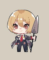 Rule 34 | 1girl, badge, black coat, black pants, blonde hair, brown eyes, button badge, chibi, closed mouth, coat, collared shirt, commentary request, don quixote (project moon), grey background, hair between eyes, highres, holding, holding polearm, holding weapon, lance, limbus company, long sleeves, maru (rabbitpotion), open clothes, open coat, pants, polearm, project moon, shirt, short hair, simple background, smile, solo, weapon, white shirt