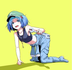 Rule 34 | 1girl, :d, bare shoulders, blue eyes, blue hair, boots, clothes around waist, collarbone, female focus, full body, hair bobbles, hair ornament, hat, holding, jacket, jacket around waist, jewelry, kawashiro nitori, key, kneeling, matching hair/eyes, mendou saya, navel, open mouth, pendant, rubber boots, shadow, simple background, smile, solo, tank top, touhou, twintails, two side up, wrench, yellow background