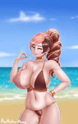 Rule 34 | 1girl, absurdres, aestheticc-meme, armpit crease, artist name, beach, bikini, breasts, brown bikini, brown eyes, brown hair, cameltoe, cleavage, cloud, collarbone, cowboy shot, earrings, hair between eyes, hand on own hip, highres, huge breasts, jewelry, multicolored hair, navel, neo politan, ocean, outdoors, pink hair, ponytail, rwby, sand, shortstack, smile, solo, sparkle, standing, stomach, strap pull, swimsuit, thick thighs, thighs, two-tone hair, water