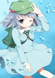 Rule 34 | 1girl, backpack, bag, blue eyes, blue hair, bubble, dress, female focus, hair bobbles, hair ornament, hand on headwear, hat, kawashiro nitori, key, matching hair/eyes, one eye closed, open \m/, open mouth, outstretched hand, purin jiisan, randoseru, short hair, smile, solo, touhou, twintails, two side up, underwater, wink