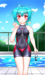 Rule 34 | 1girl, bad anatomy, blue hair, blue sky, blush, cloud, competition swimsuit, cyborg, day, fence, goggles, unworn goggles, hair ribbon, highres, hill, one-piece swimsuit, original, pool, quality, red eyes, ribbon, sky, smile, solo, swimsuit, takahiiro, twintails, unitard