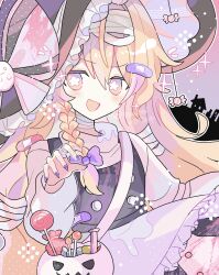 Rule 34 | 1girl, absurdres, bandage on hair, bandage on neck, blonde hair, bow, braid, candy, commentary request, dress, food, hair between eyes, hair bow, hair ornament, halloween, hat, hat bow, highres, kirisame marisa, lollipop, long hair, long sleeves, looking at viewer, open mouth, pumpkin, purple bow, purple nails, shirocha tei, single braid, skirt, smile, solo, star (symbol), star in eye, symbol in eye, touhou, white dress, witch, witch hat, yellow eyes