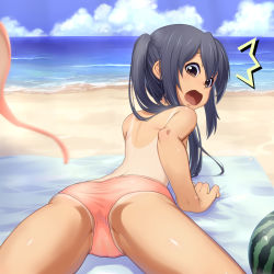 Rule 34 | 1girl, ass, bad id, bad pixiv id, beach, bikini, black hair, brown eyes, cameltoe, day, food, fruit, highres, k-on!, long hair, looking back, lying, melon, nakano azusa, on stomach, one-piece tan, open mouth, solo, surprised, swimsuit, takeda yukimura, tan, tanline, topfreedom, topless, twintails