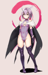 Rule 34 | 1girl, antennae, arthropod girl, bare shoulders, blush, boots, breasts, cape, cleavage cutout, clothing cutout, covered collarbone, cowfee, elbow gloves, full body, fur-trimmed cape, fur trim, gloves, gluteal fold, hair between eyes, highres, insect girl, leotard, looking to the side, mayu (kaafi), monster girl, moth girl, original, purple eyes, purple footwear, purple gloves, purple hair, short hair, simple background, skin tight, small breasts, solo, standing, thigh boots, thighhighs