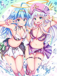 Rule 34 | 2girls, absurdres, ahoge, anklet, antenna hair, arm up, armpits, bare shoulders, bikini, bikini top only, blue hair, bracelet, breasts, choker, cleavage, collarbone, commentary request, criss-cross halter, cross, green eyes, grin, hair intakes, halo, halterneck, highres, jewelry, large breasts, long hair, looking at viewer, medium breasts, miniskirt, multiple girls, navel, open mouth, original, purple bikini, purple headwear, scrunchie, side-by-side, skirt, slippers, smile, star (symbol), swimsuit, tenzeru, v, water, white hair, white skirt, wrist scrunchie