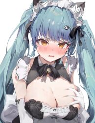 Rule 34 | 1girl, aqua hair, bare shoulders, bell, blush, breasts, center frills, cleavage, commentary, elbow gloves, frills, gloves, goddess of victory: nikke, grabbing own breast, highres, i!roha, large breasts, long hair, maid, maid headdress, neck bell, nose blush, official alternate costume, open mouth, paw hair ornament, privaty (nikke), privaty (unkind maid) (nikke), simple background, solo, twintails, upper body, v-shaped eyebrows, wavy mouth, white background, white gloves, white headdress, yellow eyes