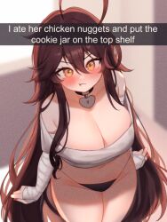 Rule 34 | 1girl, absurdly long hair, absurdres, ahoge, annoyed, arms at sides, bandaged arm, bandages, bare shoulders, black choker, black panties, blurry, blurry background, blush, breasts, caption, choker, cleavage, clenched hands, closed mouth, collarbone, cowboy shot, crop top, english text, from above, furrowed brow, hair between eyes, heart, heart-shaped pupils, heart ahoge, heart pendant, highleg, highleg panties, highres, huge ahoge, large breasts, long hair, looking at viewer, navel, off-shoulder shirt, off shoulder, orange eyes, original, panties, pout, red nails, shirt, sidelocks, sky above me, snapchat, solo, string panties, symbol-shaped pupils, underwear, very long hair