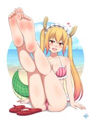 Rule 34 | 1girl, barefoot, bikini, blonde hair, blush, breasts, cleavage, dragon girl, dragon horns, dragon tail, feet, female focus, foot focus, highres, horns, kobayashi-san chi no maidragon, legs up, long hair, looking at viewer, lululewd, maid headdress, ocean, open mouth, sand, sandals, sitting, sky, soles, solo, swimsuit, tail, toes, tohru (maidragon), twintails