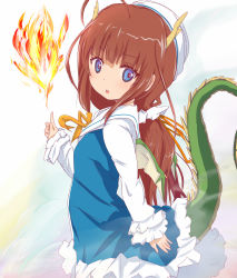 Rule 34 | 10s, 1girl, ahoge, beret, blue dress, blue eyes, blush, brown hair, dragon girl, dragon horns, dragon tail, dragon wings, dress, fire, green wings, hat, head tilt, highres, hinatsuru ai, horns, index finger raised, katsuo9, kemonomimi mode, long hair, long sleeves, looking at viewer, looking to the side, low twintails, parted lips, ryuuou no oshigoto!, sidelocks, simple background, sleeves past wrists, solo, tail, teeth, twintails, upper teeth only, v-shaped eyebrows, very long hair, white background, white hat, wings
