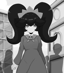 Rule 34 | 1girl, absurdres, arms at sides, ashley (warioware), black hair, building, closed mouth, day, dress, greyscale, hair between eyes, hairband, highres, long hair, long sleeves, looking to the side, monochrome, nintendo, outdoors, outline, rnt (251139), sidelocks, silhouette, skull, sky, solo focus, standing, warioware, white outline