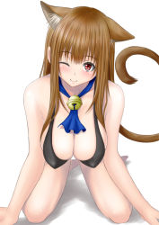 Rule 34 | 1girl, asobi ni iku yo!, barefoot, bell, breasts, brown eyes, brown hair, cat tail, cleavage, collar, eris (asobi ni iku yo!), hanging breasts, large breasts, looking at viewer, muffin (sirumeria), neck bell, one eye closed, simple background, solo, tail, white background, wink