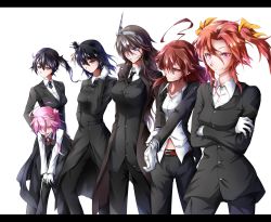 Rule 34 | 10s, 6+girls, adjusting clothes, adjusting gloves, adjusting hair, ahoge, alternate costume, ashigara (kancolle), black hair, black jacket, black suit, blue eyes, bow, bowtie, brown hair, crossed arms, formal, glove pull, gloves, grin, group picture, hair ornament, highres, i-58 (kancolle), jacket, kaga (kancolle), kagerou (kancolle), kantai collection, kuma (kancolle), letterboxed, lineup, long hair, multiple girls, necktie, one eye closed, orange hair, pink hair, purple eyes, red eyes, side ponytail, simple background, smile, standing, suit, tatetsuki, tongue, tongue out, two side up, v arms, white background, white gloves, yamashiro (kancolle), yellow eyes