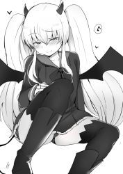 Rule 34 | 1girl, blush, closed mouth, demon girl, demon horns, demon wings, greyscale, grim aloe, hair between eyes, highres, horns, long hair, looking at viewer, monochrome, naughty face, pantyhose, quiz magic academy, sabujiroko, simple background, smile, solo, tail, thighhighs, twintails, uniform, very long hair, white background, wings