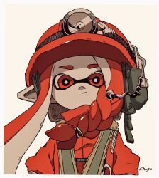 Rule 34 | 1girl, artist name, asymmetrical hair, border, braid, bright pupils, closed mouth, earpiece, expressionless, female focus, flat chest, green vest, hair tie, headlamp, helmet, high-visibility vest, high collar, highres, inkling, inkling girl, inkling player character, jumpsuit, long hair, looking at viewer, matching hair/eyes, nintendo, orange jumpsuit, pale skin, red eyes, red hair, red headwear, salmon run (splatoon), shogo (shogo70449442), sidelocks, signature, simple background, single braid, solo, splatoon (series), splatoon 3, straight-on, tentacle hair, tentacles, twintails, upper body, vest, white border, white pupils, yellow background, yellow trim