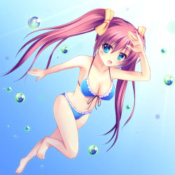 Rule 34 | bad id, bad pixiv id, bikini, blue bikini, blue eyes, bubble, long hair, original, pass-d, perspective, red hair, solo, swimsuit, twintails, underwater