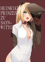 Rule 34 | 1girl, animal ears, bad id, bad pixiv id, blonde hair, blush, breasts, cat ears, character name, choker, cleavage, cross, german text, green eyes, hat, heinrike prinzessin zu sayn-wittgenstein, highres, iron cross, jacket, kento1102, lips, long hair, military, military uniform, one eye covered, open clothes, open mouth, open shirt, panties, peaked cap, red background, ribbon, shirt, simple background, solo, strike witches, underwear, uniform, white panties, world witches series