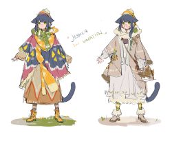 Rule 34 | 1girl, alternate costume, animal ears, arknights, bespectacled, blue hair, boots, brown coat, brown footwear, brown scarf, cat ears, cat girl, cat tail, chinese commentary, coat, commentary, full body, fur-trimmed boots, fur trim, glasses, green eyes, green scarf, hat, highres, jessica (arknights), multicolored clothes, poncho, scarf, shinnasuka025, simple background, sketch, solo, standing, tail, white background, white coat, yellow footwear, yellow scarf